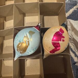 Vintage Holiday Ornaments Set - Teardrop Glass Pink Skier & Gold Lady